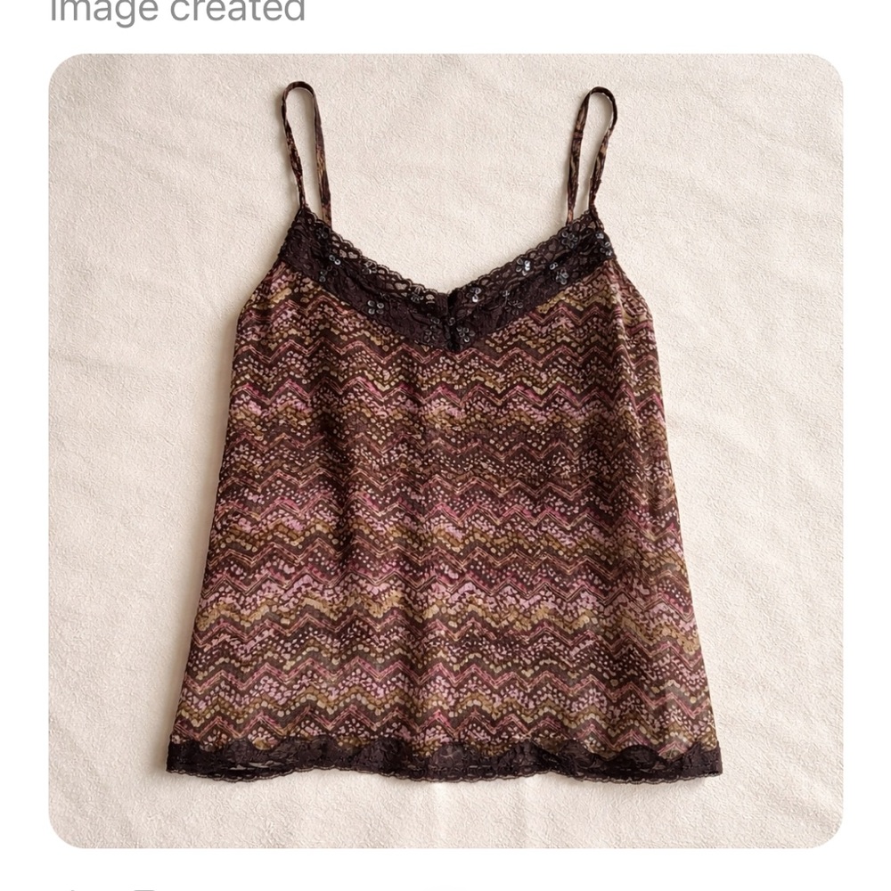 Y2K Ticket Sheer Lace Sequin Cami Tank Top Woman Medium Brown Zigzag Streetwear